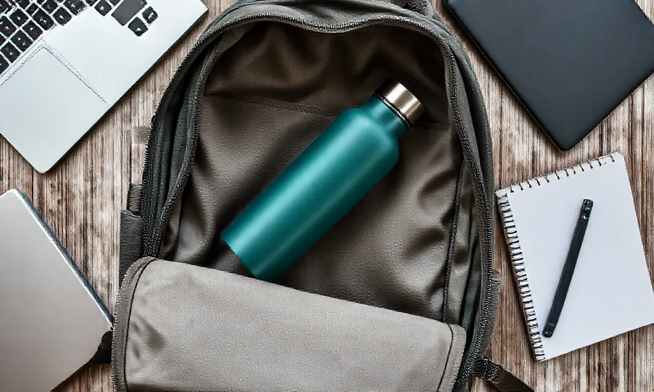 Gourde Hydeflow dans un sac avec ordinateur et carnet